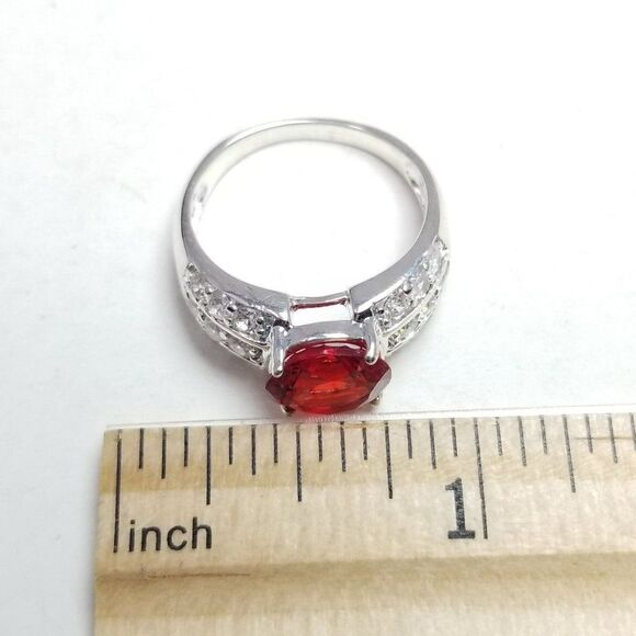 Vintage Round Red Rhinestone Ring, Silver Tone Size 7 1/2 Band, Sparkly Estate - Picture 5 of 7